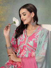 Women's Pink Floral Printed & Embroidered Rayon Alia Cut Kurta Pant Dupatta Set-KPDPINKTACO